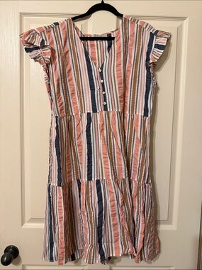 LOFT Pink, Navy & White Striped Cotton Dress